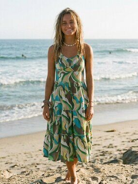 EZEKIEL VTG Halter Tiered Midi Dress Y2K Surfer Skater Beach Multi Abstract L